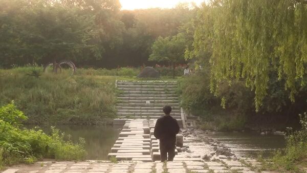 Person walking on a park path beside a calm body of water